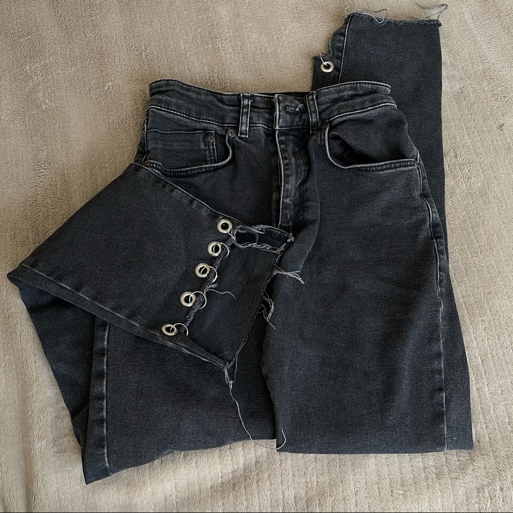 high waisted straight leg dark grey jeans